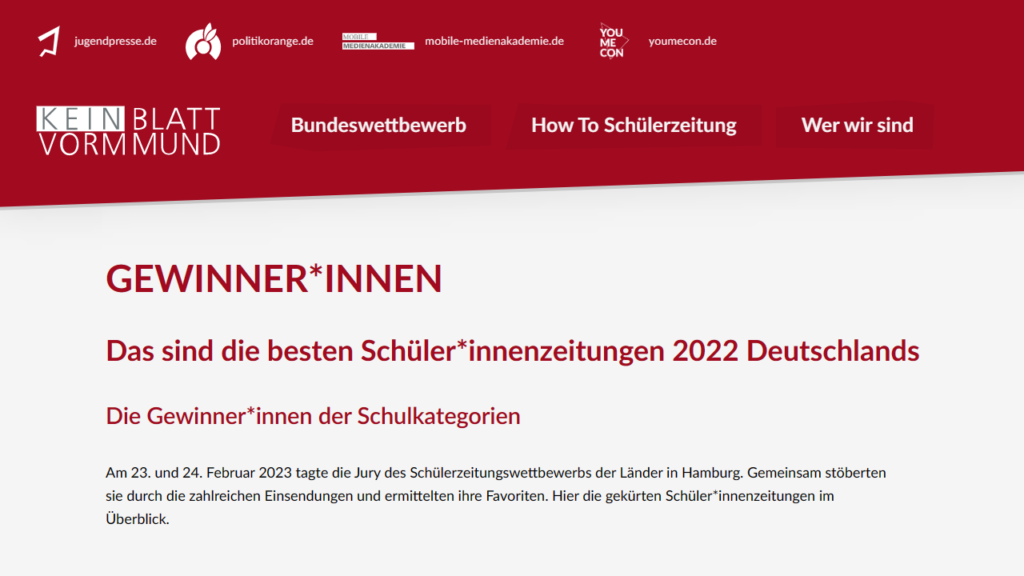 Webseite des Schülerzeitungswettbewerbs der Länder (Screenshot)